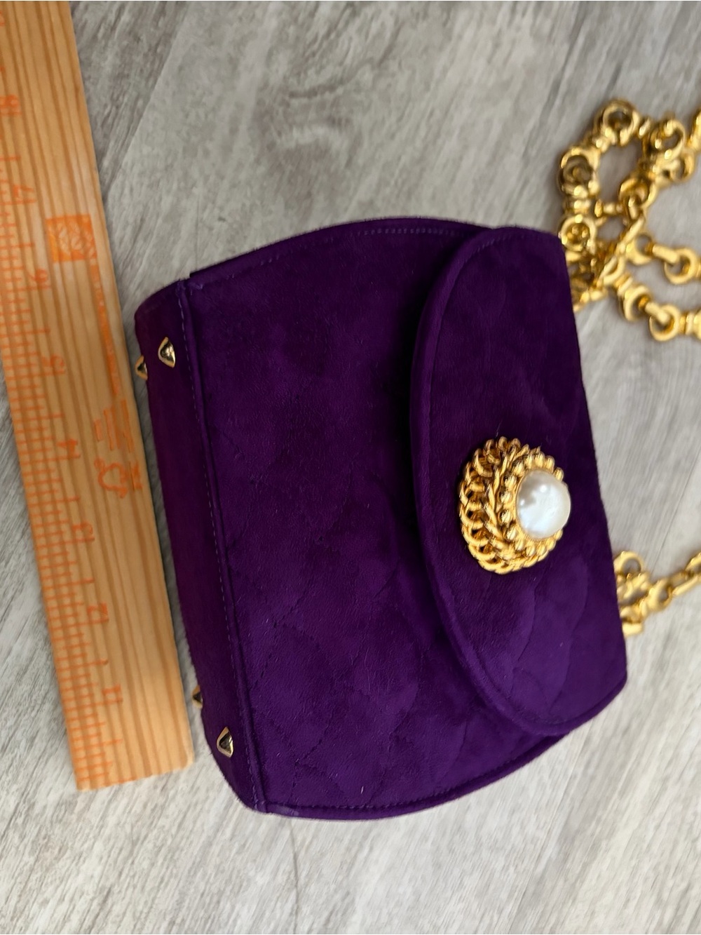 Henri Bendel Purple Velvet Mini Evening Bag Pearl Gold Leather Made In Italy - Picture 14 of 14
